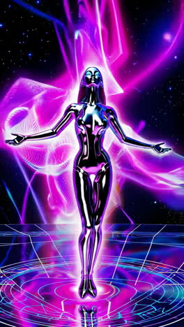 futuristic android amidst vibrant cosmic neon energy