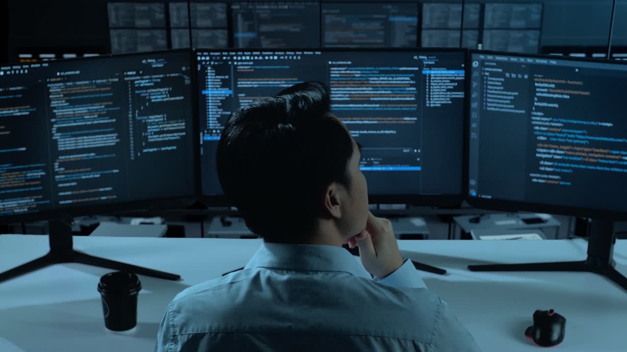 programador mirando varias pantallas de computadora