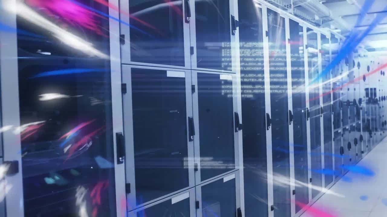 Animation of computer language and wave pattern over data server racks in server room