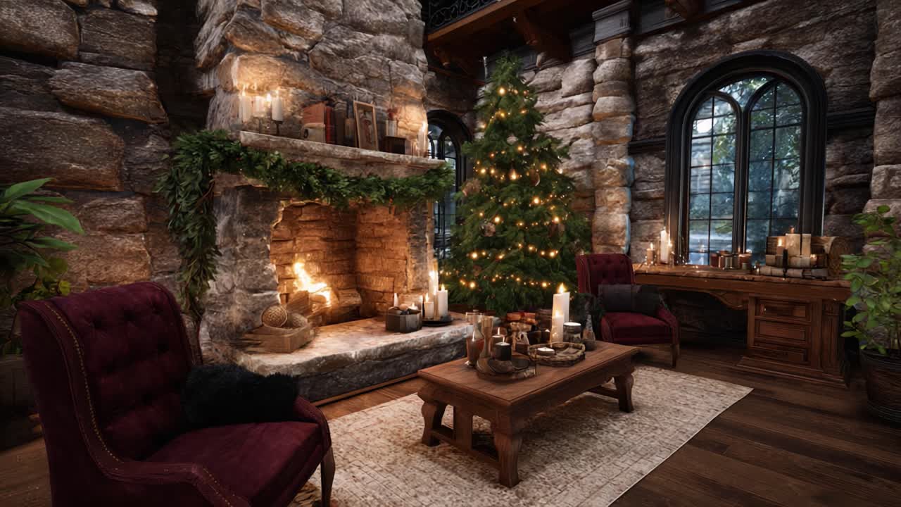 Cozy Winter Retreat: A Warm and Inviting Rustic Living Room Decorated for the Holiday Season with a Beautifully Lit Christmas Tree and Flickering Fireplace
