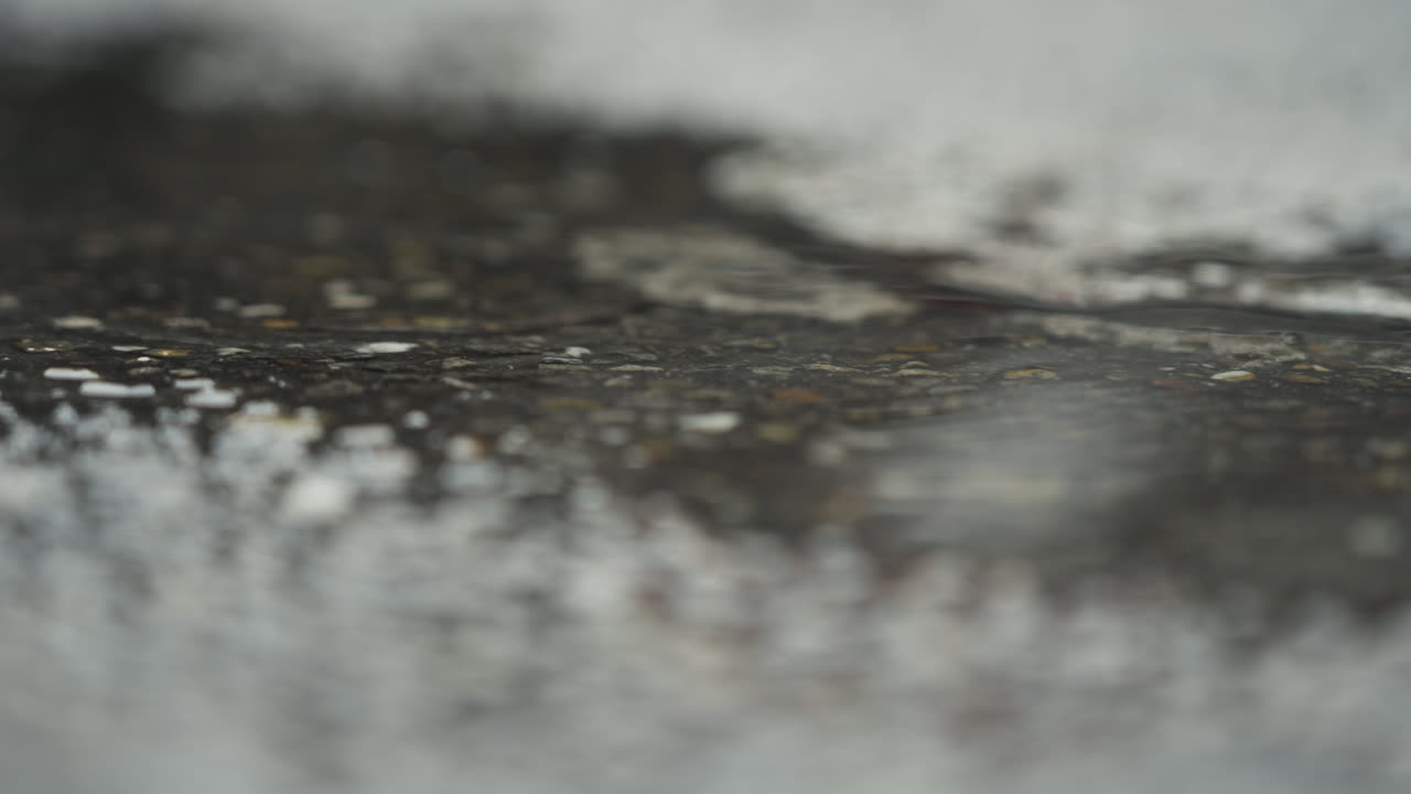Static close up shot of rain in puddle of water on streets