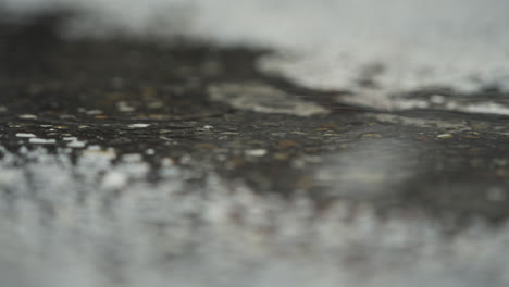 static close up shot of rain in puddle of water on streets