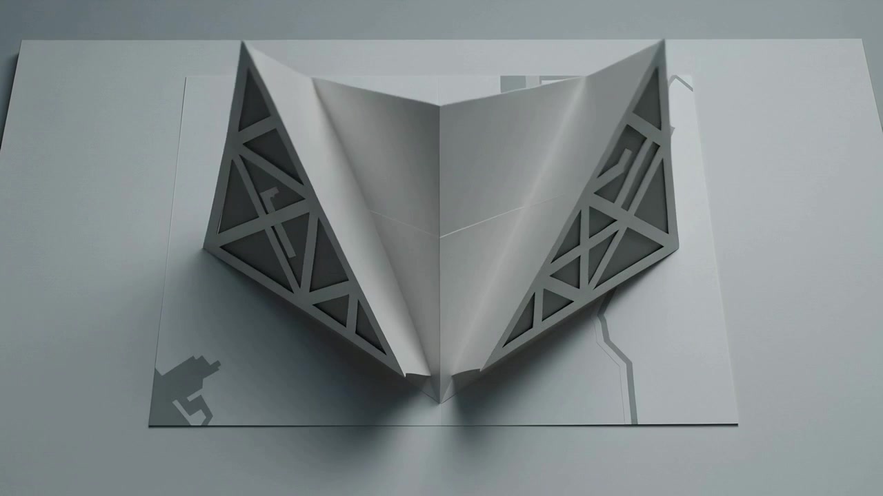 Sequence starting, diamond lattice pop-up splitting along spine on pale base, inner sheets fanning
