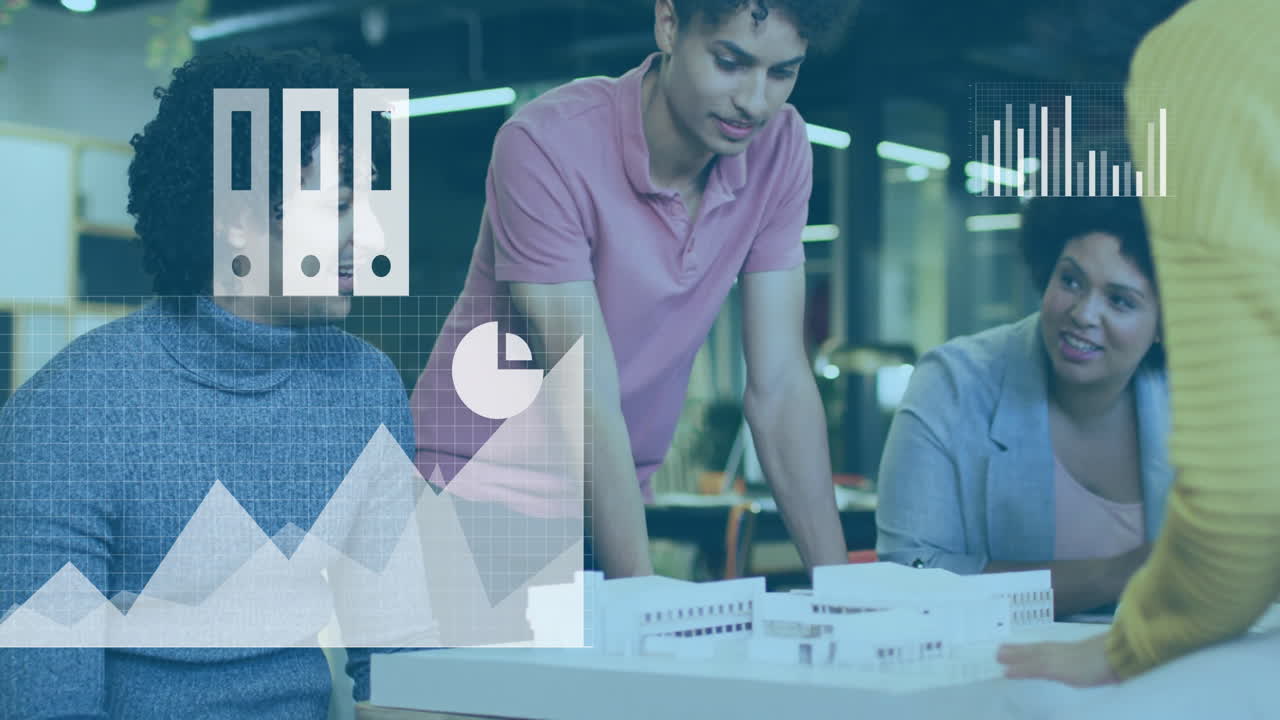 animación de iconos de los medios sobre diversos arquitectos discutiendo el modelo