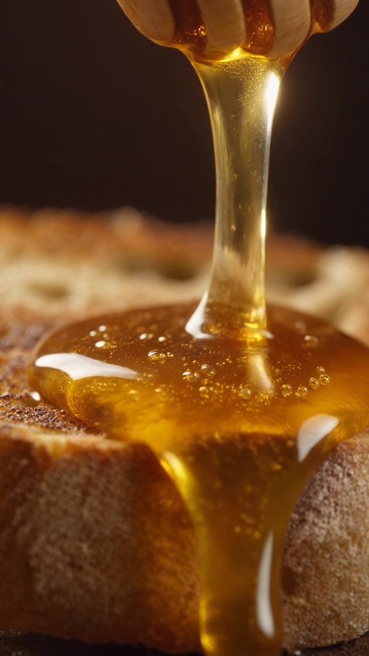 Miele d'oro che gocciola da un cucciolo di legno sul pane tostato