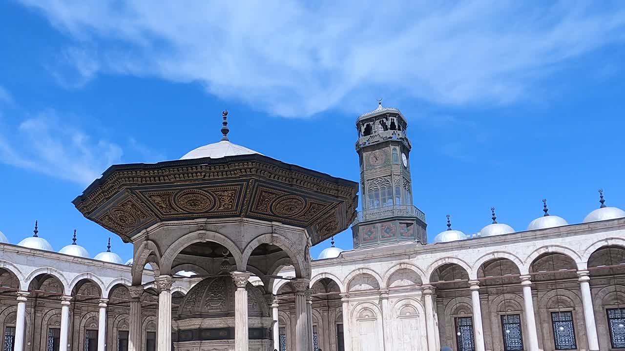 Inner Courtyard With Mosque of Muhammad Ali Pasha In The Citadel In Cairo, Egypt. Low Angle Shot