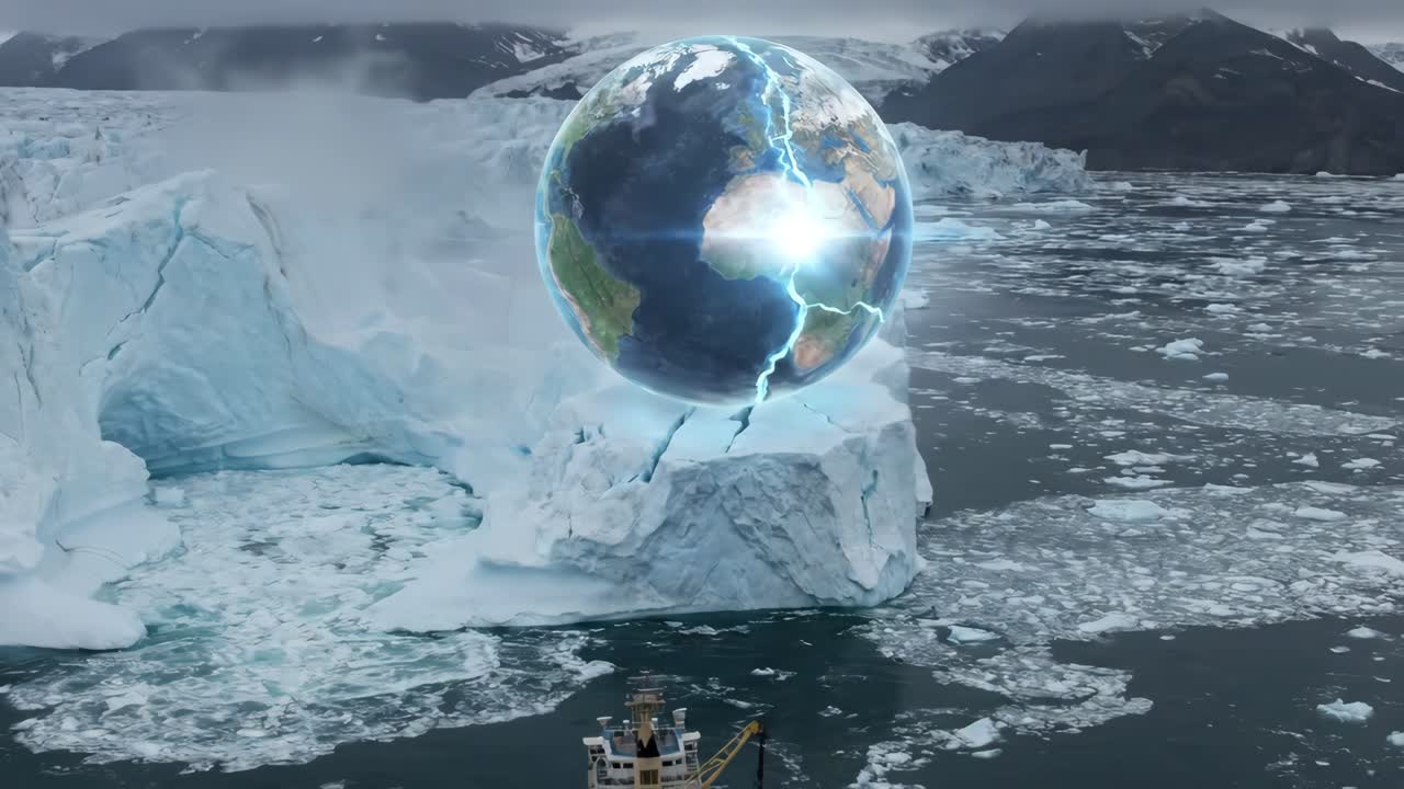 Nave da ricerca vicino a un globo terrestre luminoso su un iceberg che si scioglie