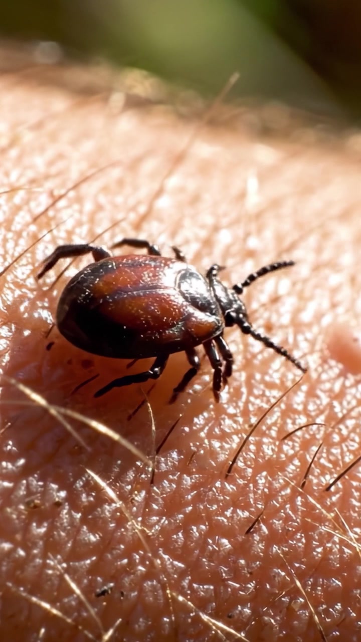 Gedetailleerde Close-up van een Teek die over Menselijke Huid Kruipt, Waarbij de Ingewikkelde Textuur van Haar en Opperhuid in een Natuurlijke Omgeving Wordt Benadrukt
