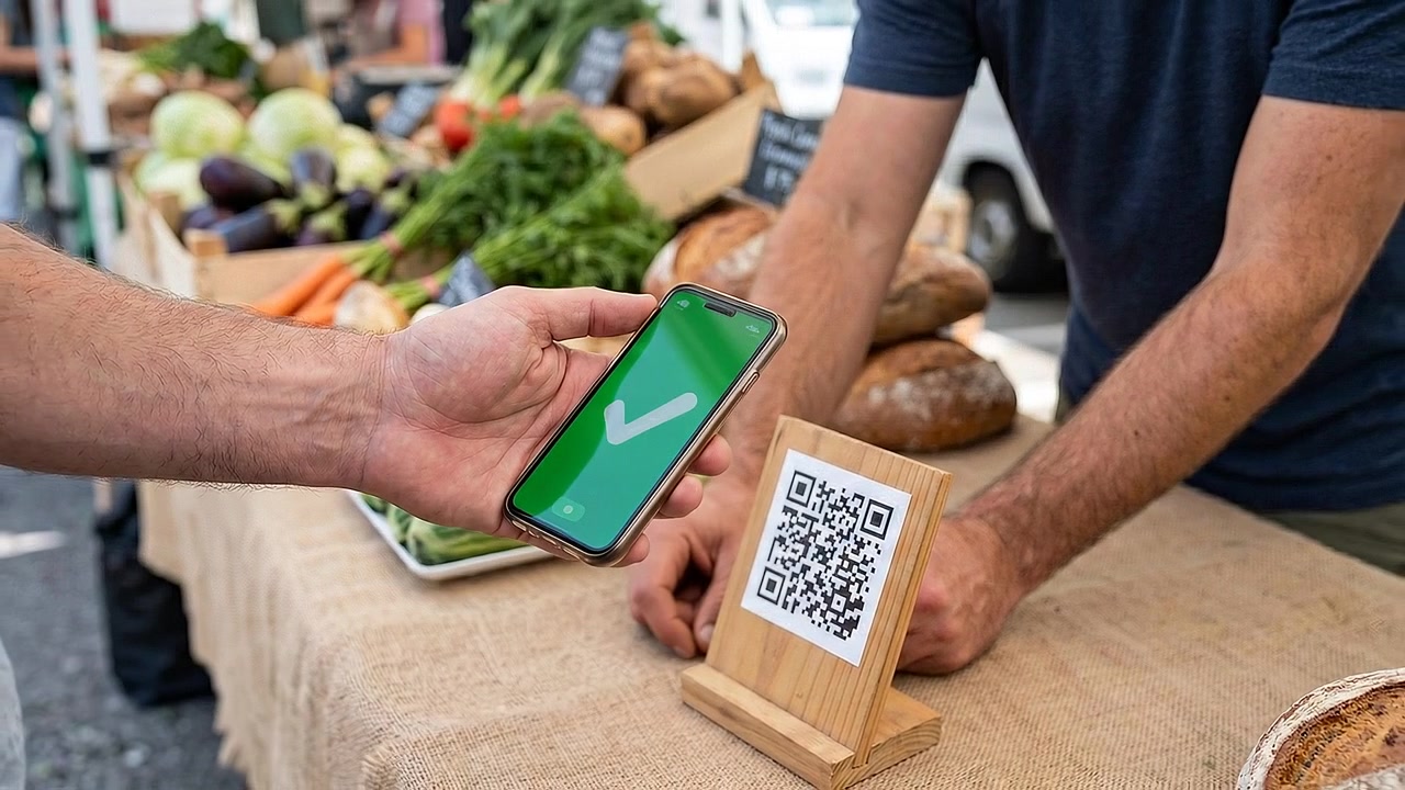 Customer Paying for Bread at Farmers Market Using QR Code