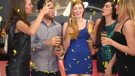 confetti animation over friends celebrating and holding drinks at party