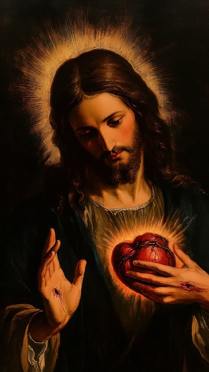 A serene, low-angle video frame of a religious painting, depicting a figure with a glowing heart