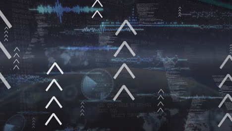 Animation of arrows over data processing on black background