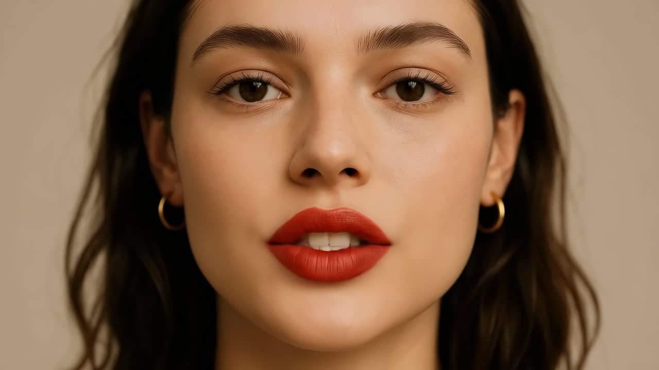 Close-up video portrait of a woman with red lipstick and hoop earrings, shot from a front angle