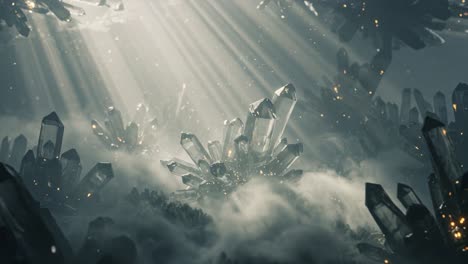 ethereal crystal cavern: a mesmerizing landscape of shimmering crystals bathed in enchanting light rays surrounded by mysterious clouds