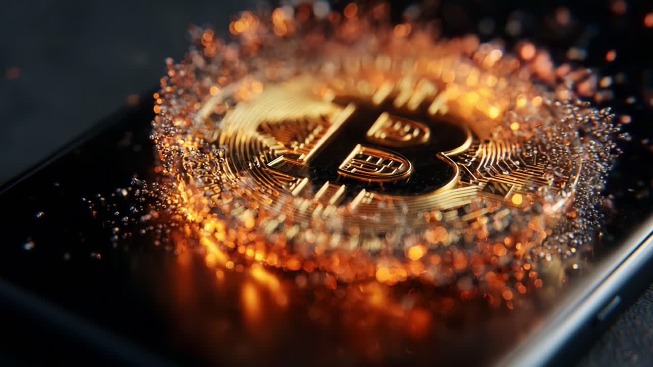 A mesmerizing display of a Bitcoin symbol glows vibrantly on a smartphone screen, surrounded by sparkling particles, representing the dynamic world of cryptocurrency investment and technology