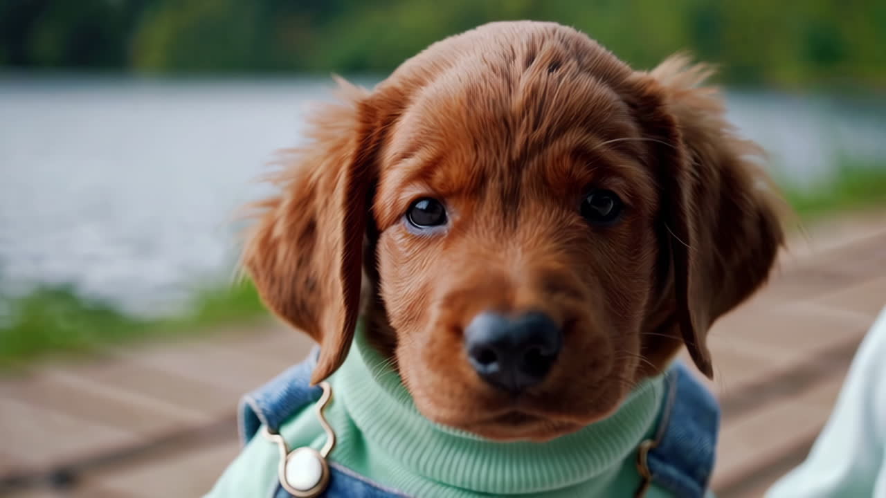 Cute Red Irish Setter Puppy in a Teal Sweater