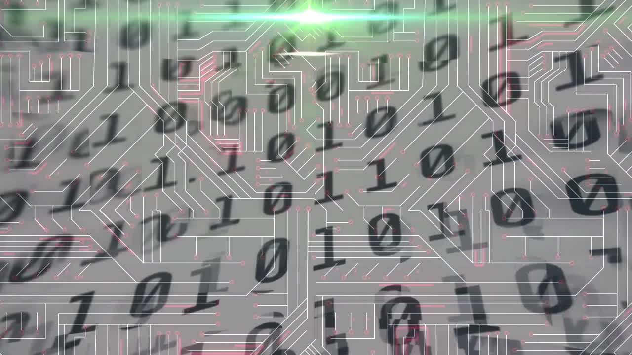 animación de codificación binaria, procesamiento de datos sobre una placa de circuito de computadora brillante
