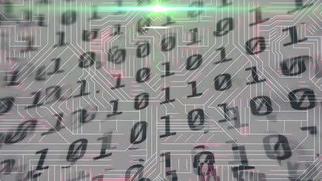 Animation-of-binary-coding,-data-processing-over-glowing-computer-circuit-board