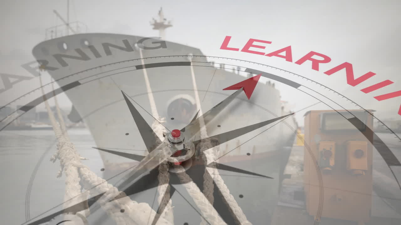 조선소에서 학습 텍스트와 함께 나침반의 애니메이션