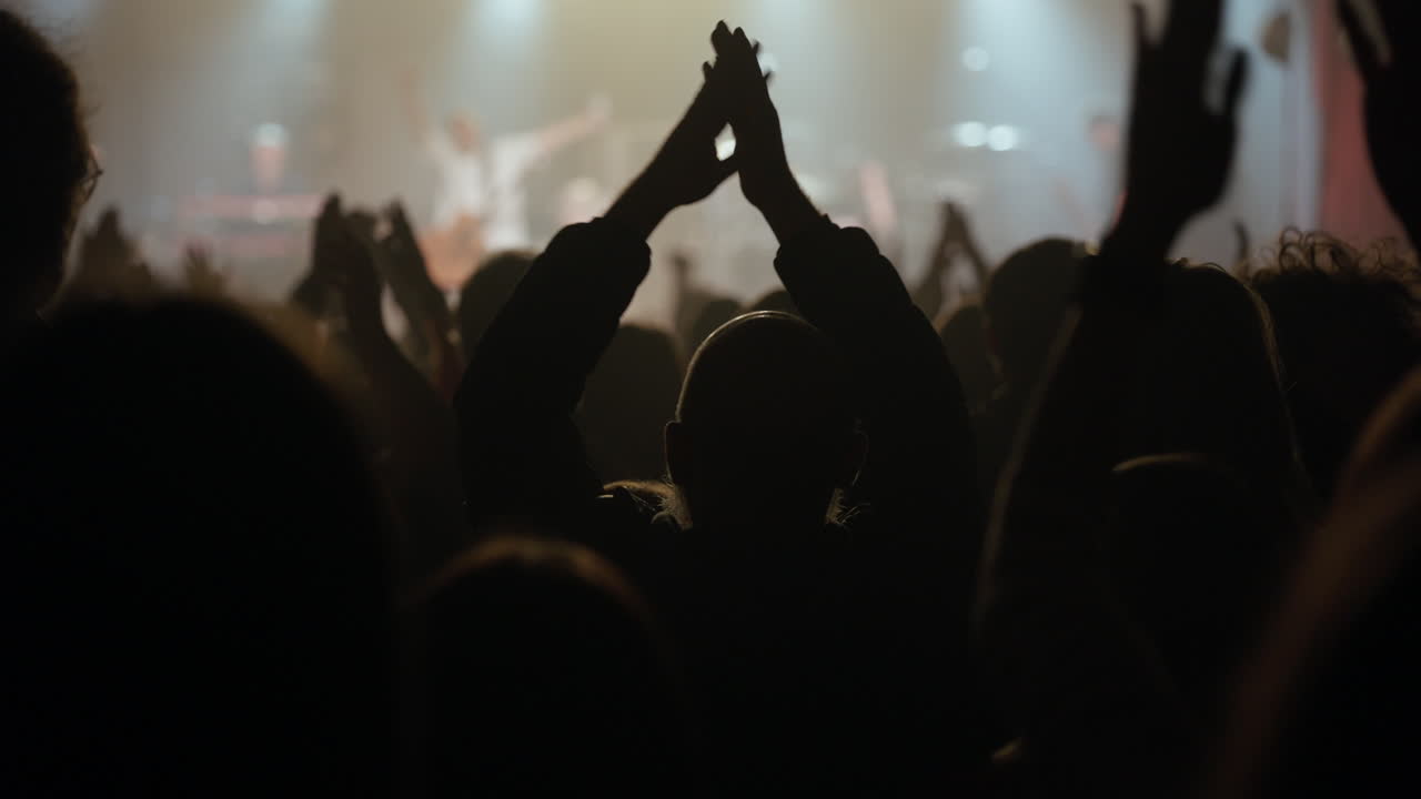Público em silhueta a aplaudir e a vibrar em um concerto ao vivo