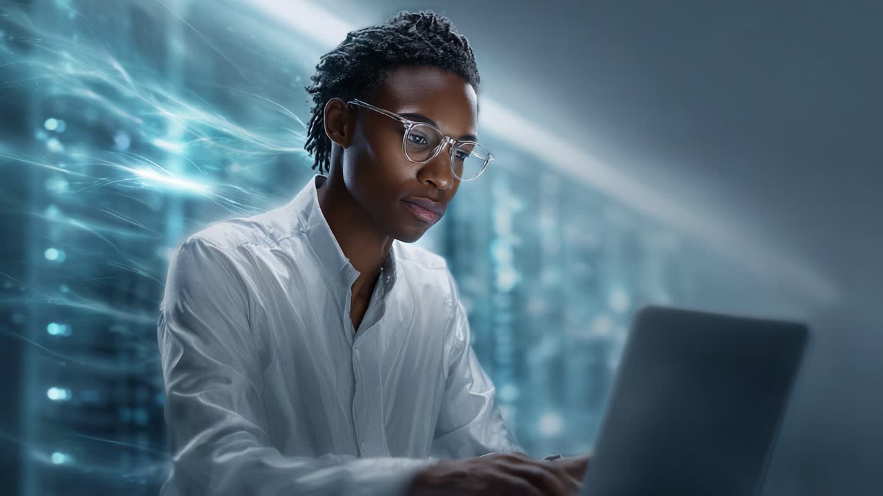 Focused individual in white shirt uses laptop, immersed in technology with a futuristic background representing innovation and digital communication advancements