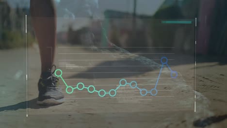 animation of dna strand spinning and data processing over african american man in runnings shoes