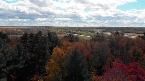 Rising-over-the-tree-tops-of-an-autumn-coloured-forest-just-outside-of-Ottawa,-Ontario-with-a-highway-in-the-distance-with-over-and-underpasses-and-hydro-lines