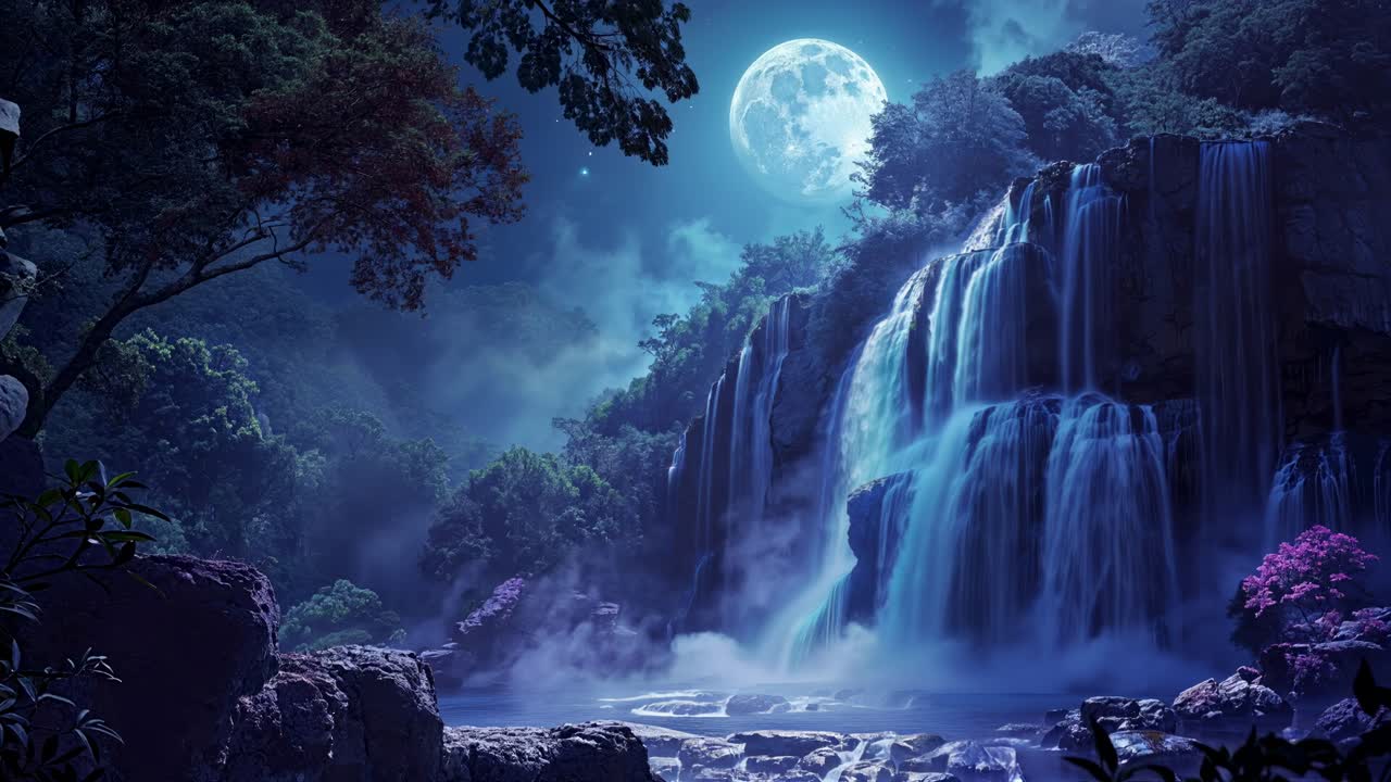 An enchanting moonlit waterfall within a beautiful mystical forest scene that captivates the spirit