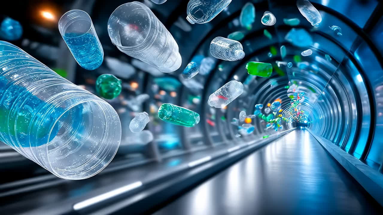 Plastic bottles in a tunnel. Plastic bottles drift in a high-tech tunnel with glowing lights, highlighting the issue of pollution in a creative way