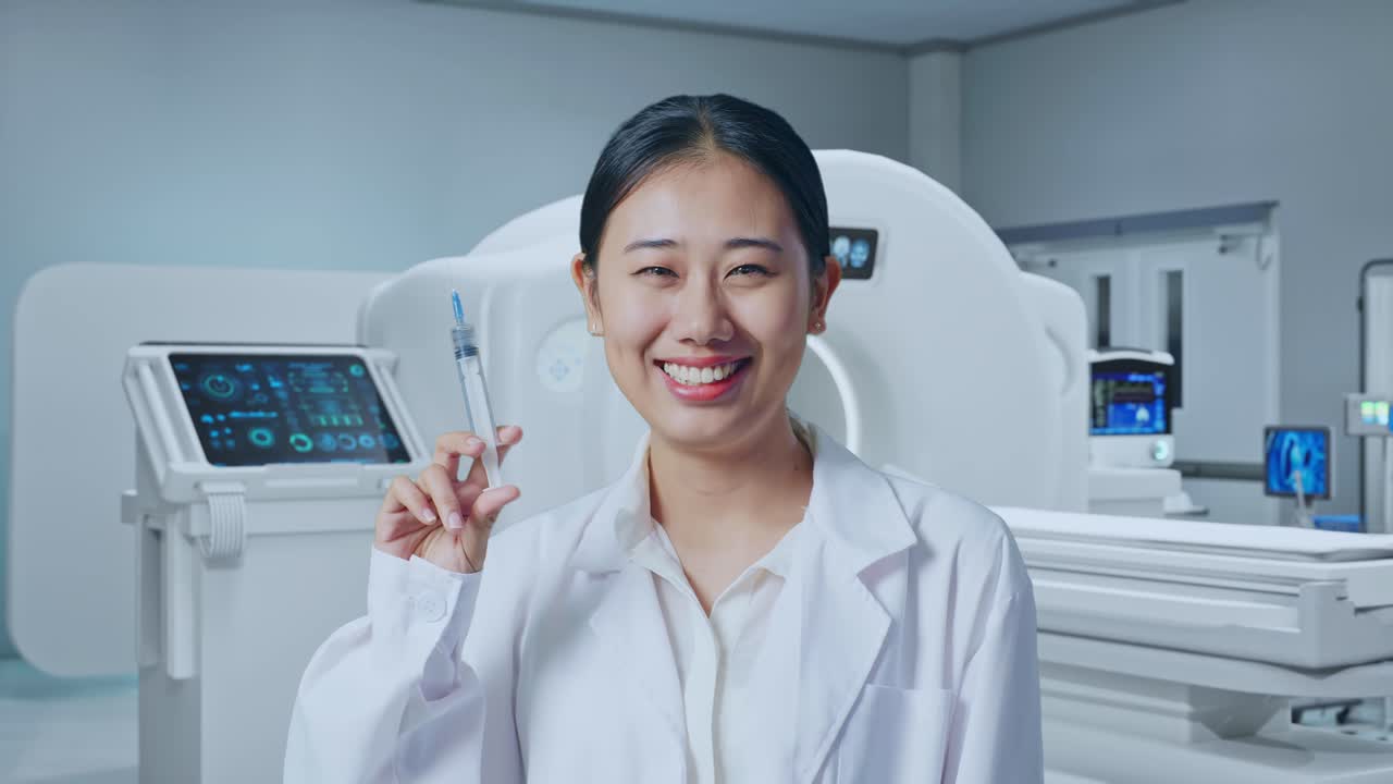 Close Up Of Asian Woman Doctor Holding A Syringe And Smiling With Mri Machine In The Hospital