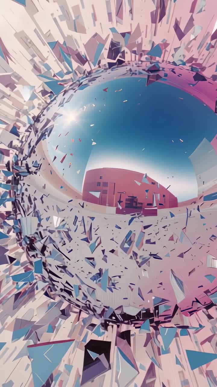 Vertical video: Cracking sphere ejecting shards over ground, with distant building and crates
