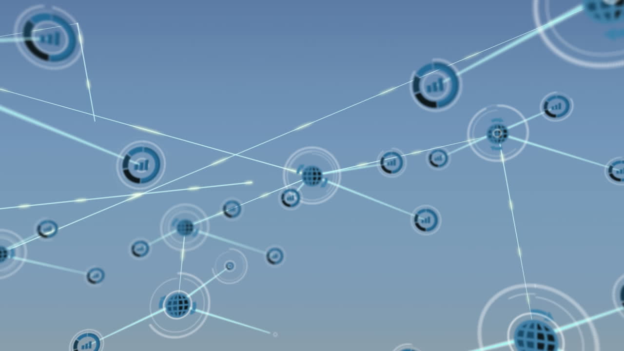 Animation of network of digital icons against blue gradient background