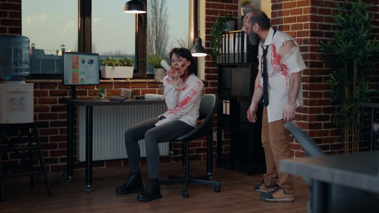 Brain dead creepy office zombie with bloody scars making a call on landline