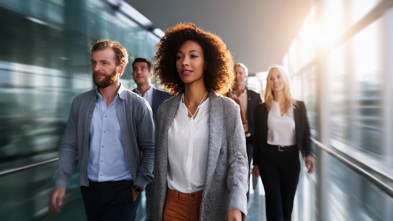 A group of diverse professionals confidently strides through a modern corridor, showcasing unity and determination, with an emphasis on leadership and collaboration in a corporate environment