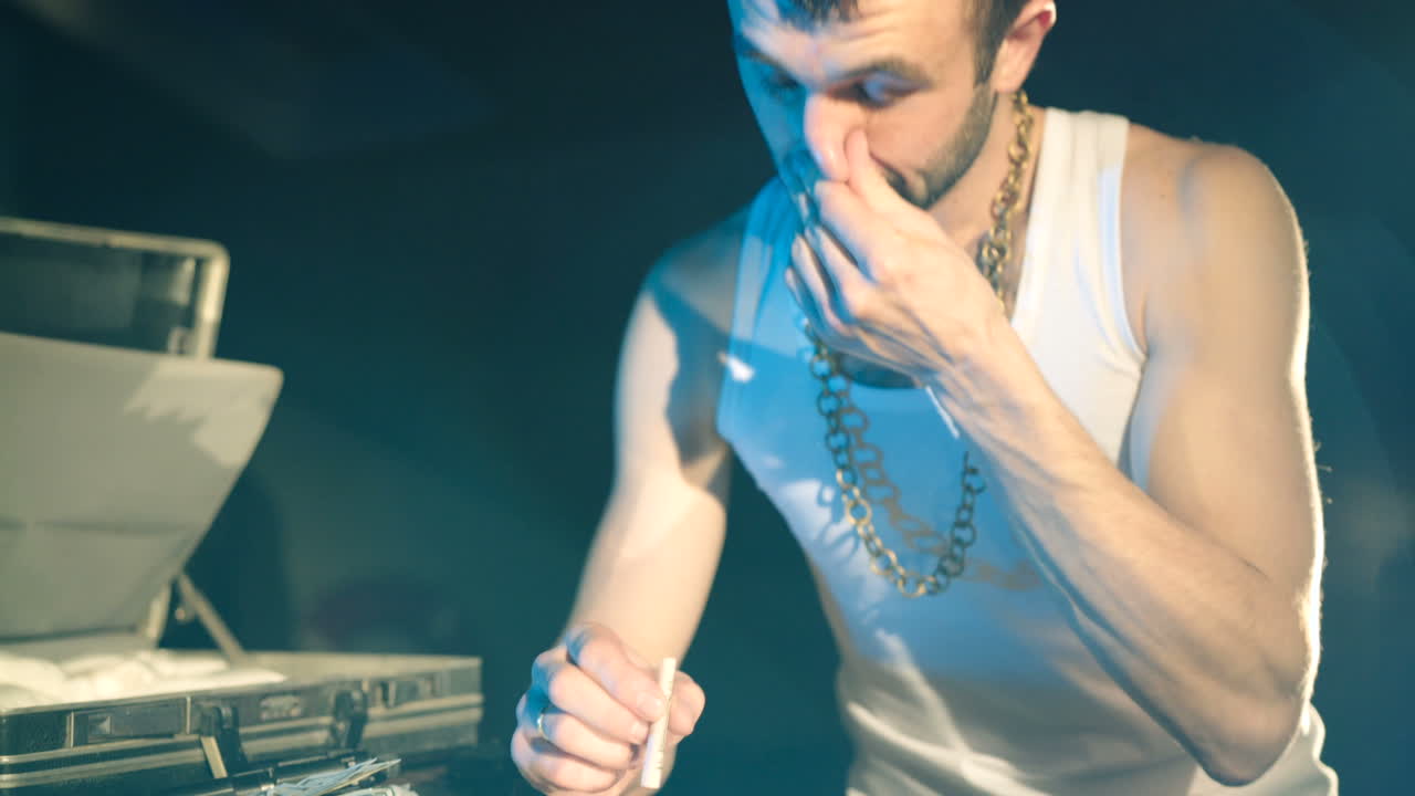 Young man sniffs cocaine on a mirror with a roll of banknotes. Abuse of drugs. Criminal Business