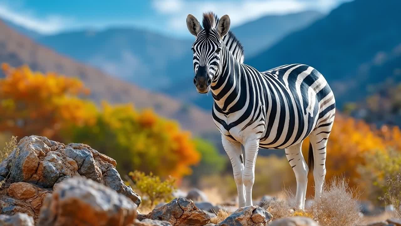 A zebra standing on top of a rocky hillside next to a mountain