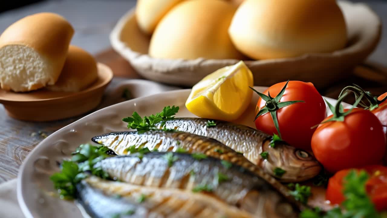 Close up view of grilled fish, perfectly seasoned with fresh parsley and zesty lemon, arranged on a plate alongside vibrant tomatoes, creating an enticing and nutritious meal option