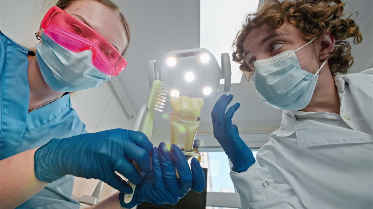 Low angle view of two dentists wearing protective masks, goggles, and gloves, showing a big tooth and brush figurine under bright procedural lights