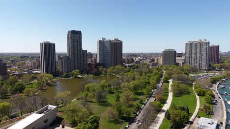 chicago usa, drone shot of lake shore traffic, diversey harbor and lincoln park neighborhood
