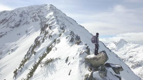 hiker on snowy mountain summit