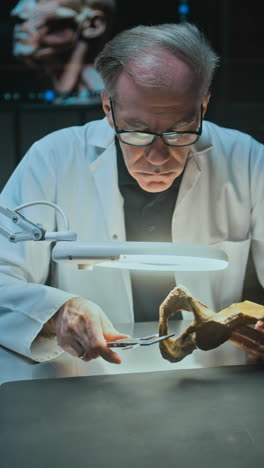 scientist examining ancient bones and skulls in a laboratory