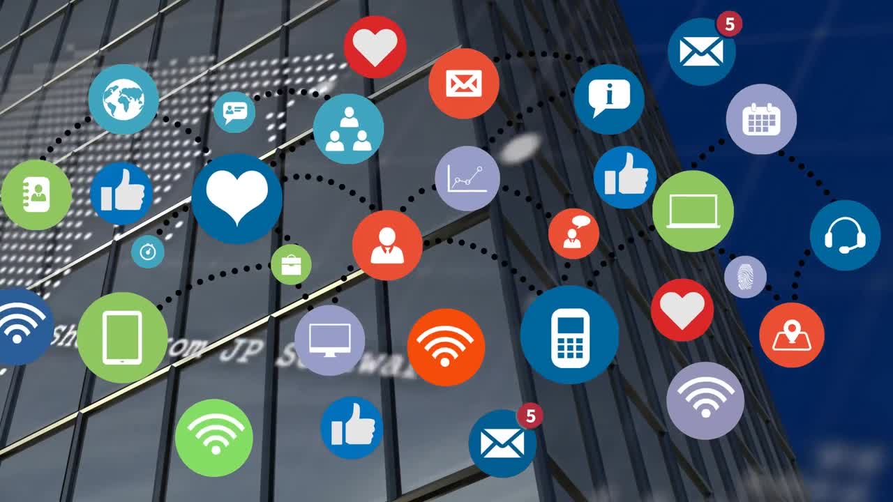 아이콘과 데이터 처리를 통해 도시 풍경에 대한 연결 네트워크의 애니메이션