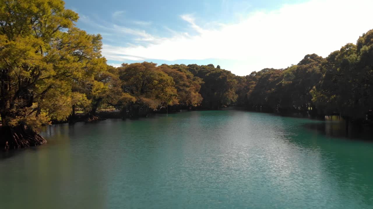 DRONE SHOT: DOLLY IN OVER CAMECUARO LAKE AND TREES IN THE EARLY MORNING