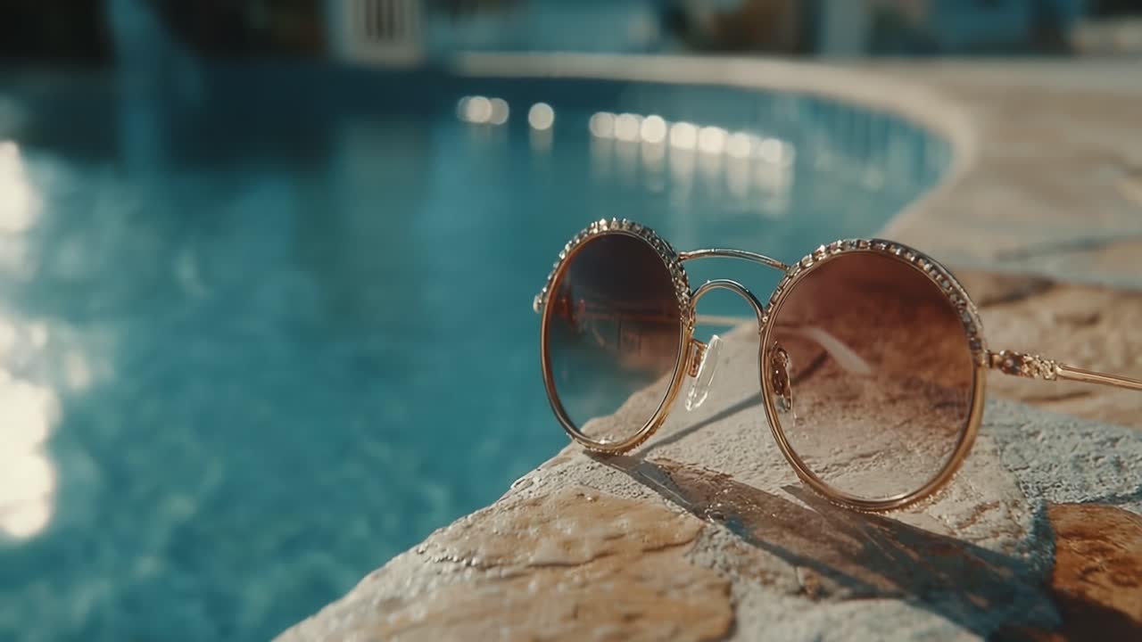 Stylish Sunglasses Resting by a Luminous Blue Poolside, Glimmering in Sunlight, Perfect for a Relaxing Day Under the Bright Sky