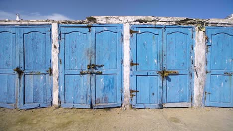 puertas de almacén azul y gaviotas