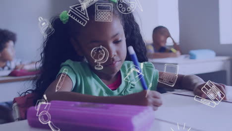 animação de ícones de itens escolares sobre estudantes diversos focados na sala de aula