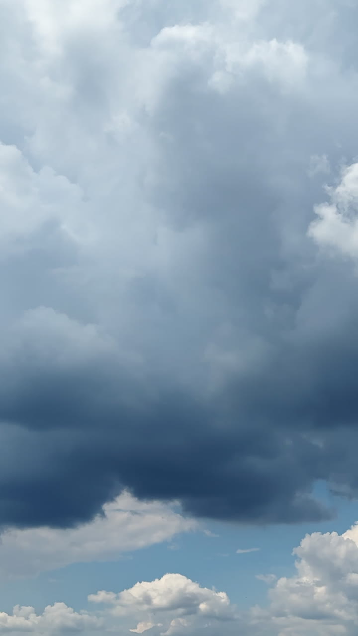 Soft fluffy cumulus clouds transform in the atmosphere. Beautiful cloudscape gathering in the sky. Timelapse. Vertical video.