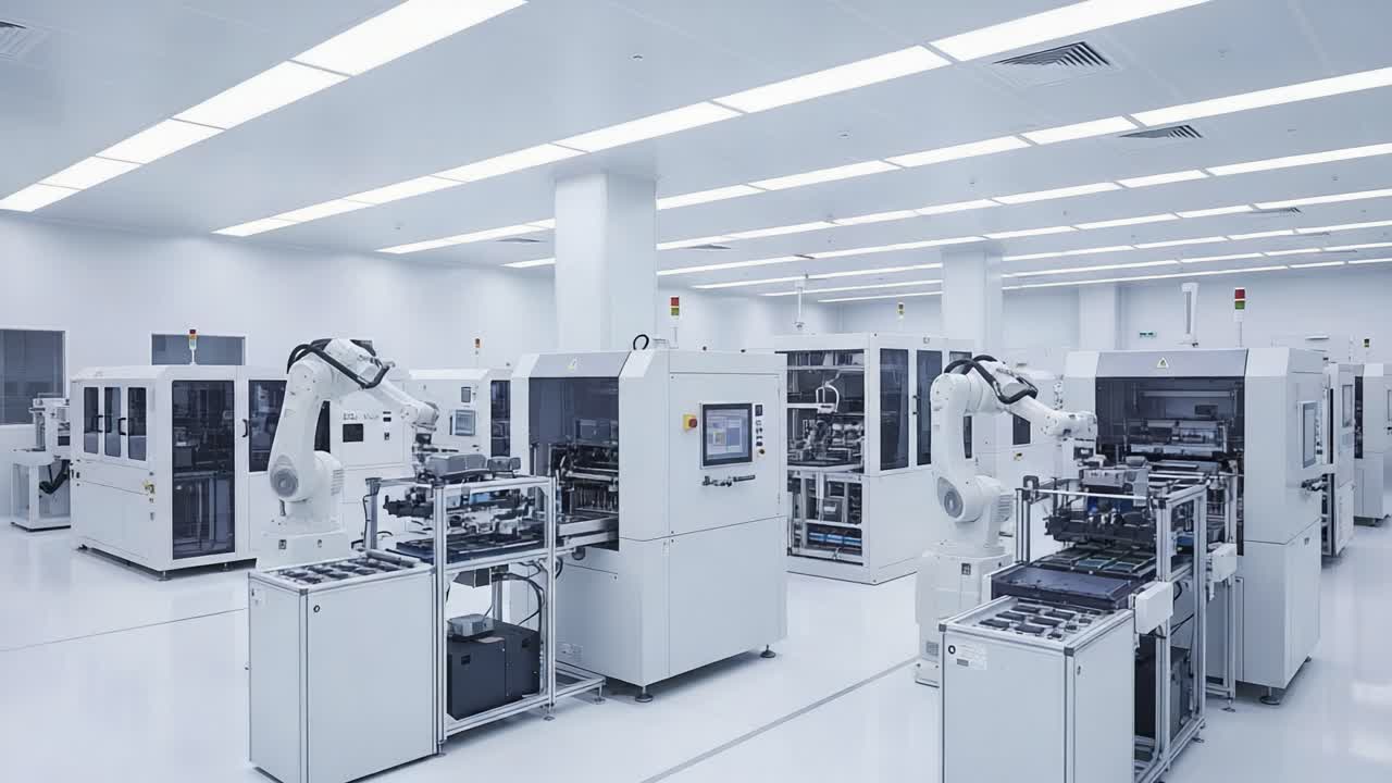 Advanced Manufacturing Facility Showcasing High-Tech Robotics and Automated Machinery in a Sleek, Modern Environment for Efficient Production Processes