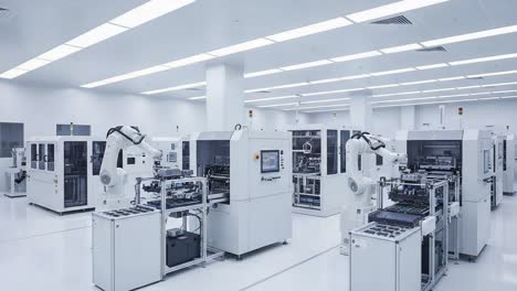 advanced manufacturing facility showcasing high-tech robotics and automated machinery in a sleek, modern environment for efficient production processes