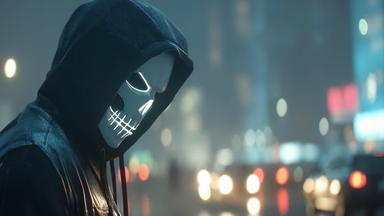 A Mysterious Figure in a Dark Hood and Glowing Skull Mask Stands in the Rain on a City Street, Surrounded by Blurred Lights and Shadows, Creating an Eerie Atmosphere